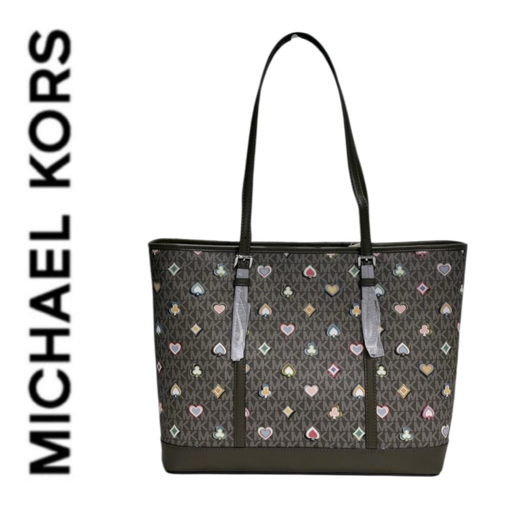 Michael Kors Jet Set Large Shoulder Tote Vegas Poker Olive Green NWT $358